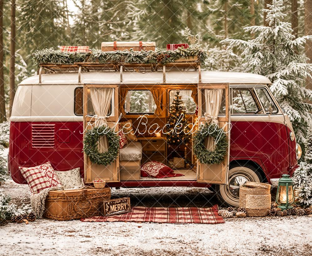 Kate Christmas Campervan Forest Pinecones Fleece Backdrop Designed by Emetselch