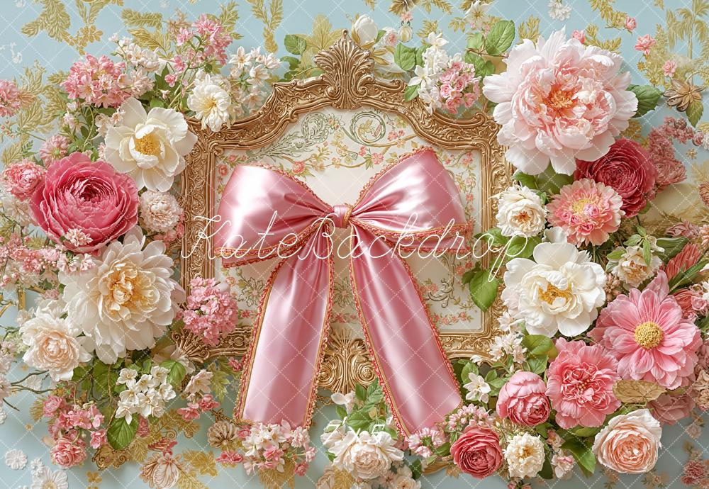Kate Floral Arch Pink Bow Ornate Frame Backdrop Designed by Emetselch -UK
