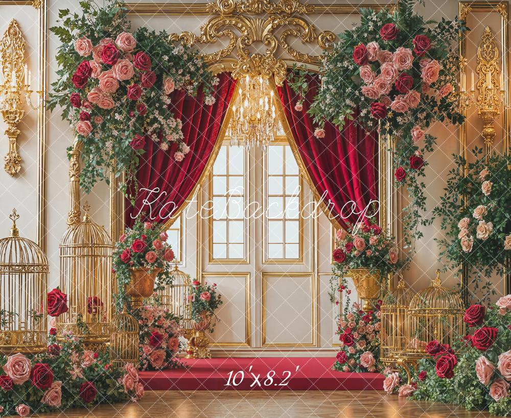 Kate Wedding Rose Gold Birdcages Red Curtain Backdrop Designed by Emetselch