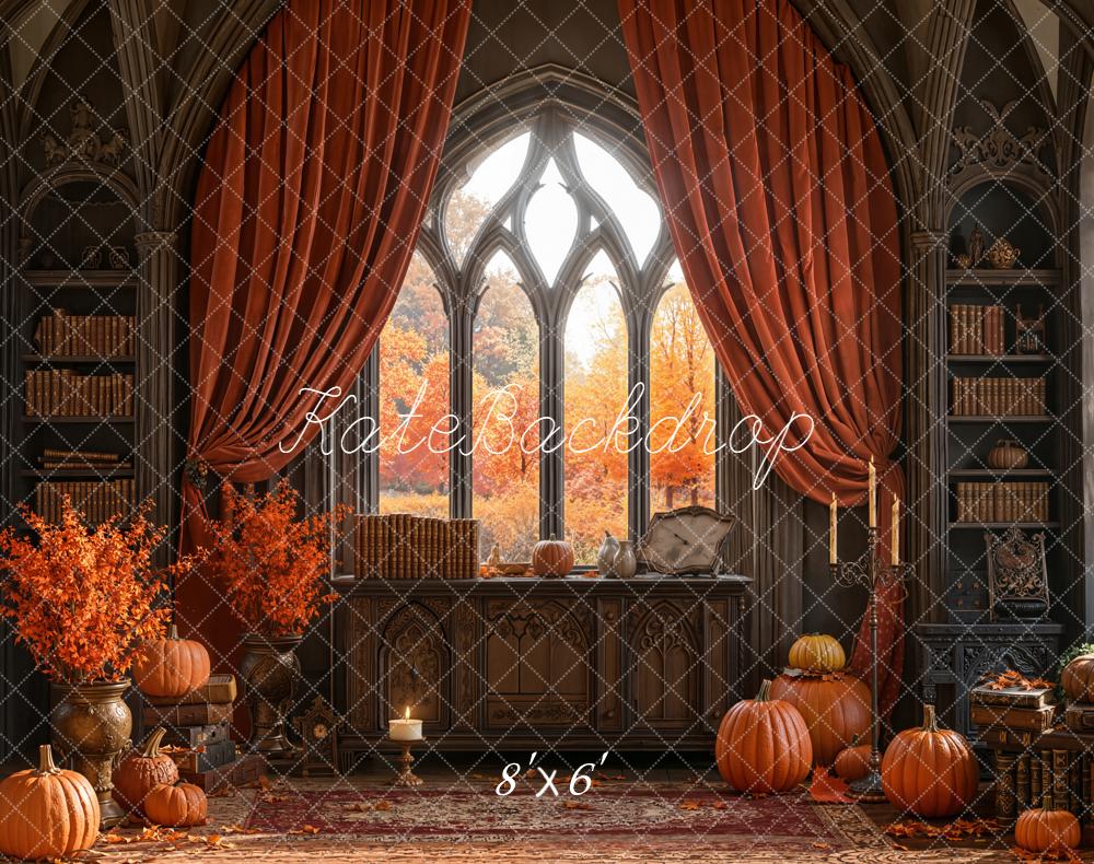 Kate Autumn Gothic Library Pumpkins Bookshelves Fleece Backdrop Designed by Emetselch -UK