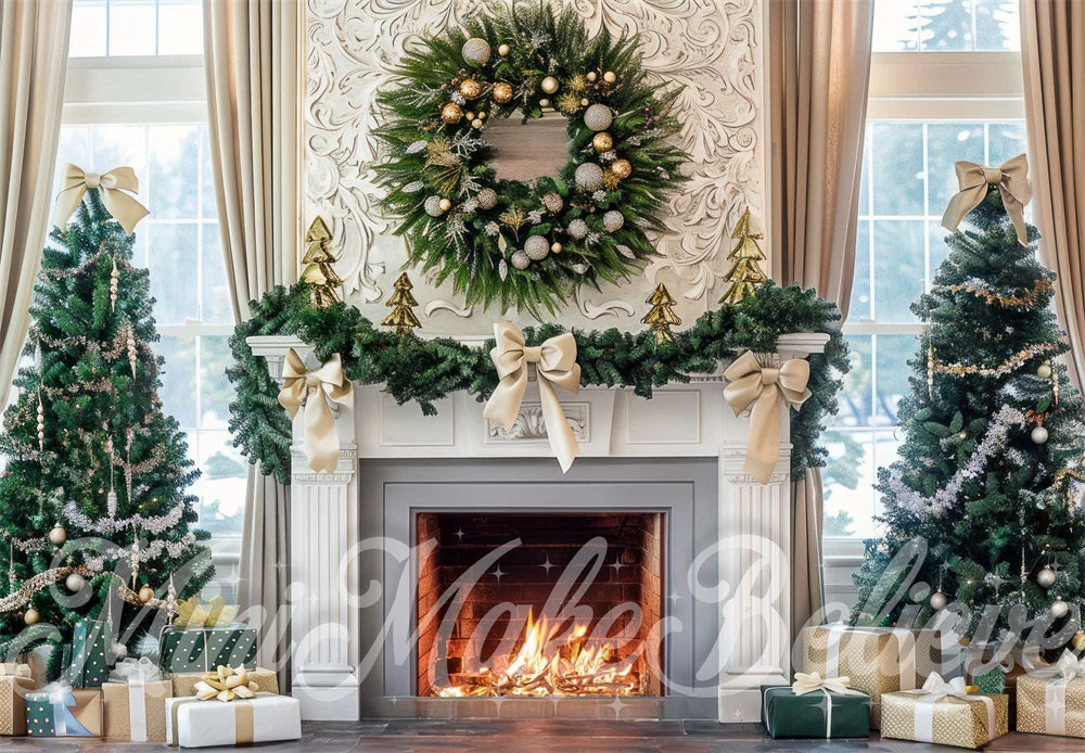 Kate Christmas White Bow Wreath Fireplace Backdrop Designed by Mini MakeBelieve -UK