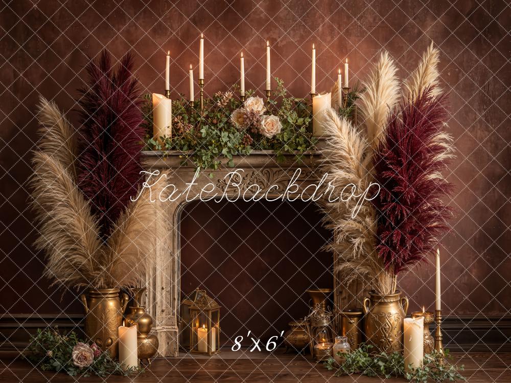 Kate Vintage Fireplace Pampas Candles Burgundy Fleece Backdrop Designed by Emetselch -UK