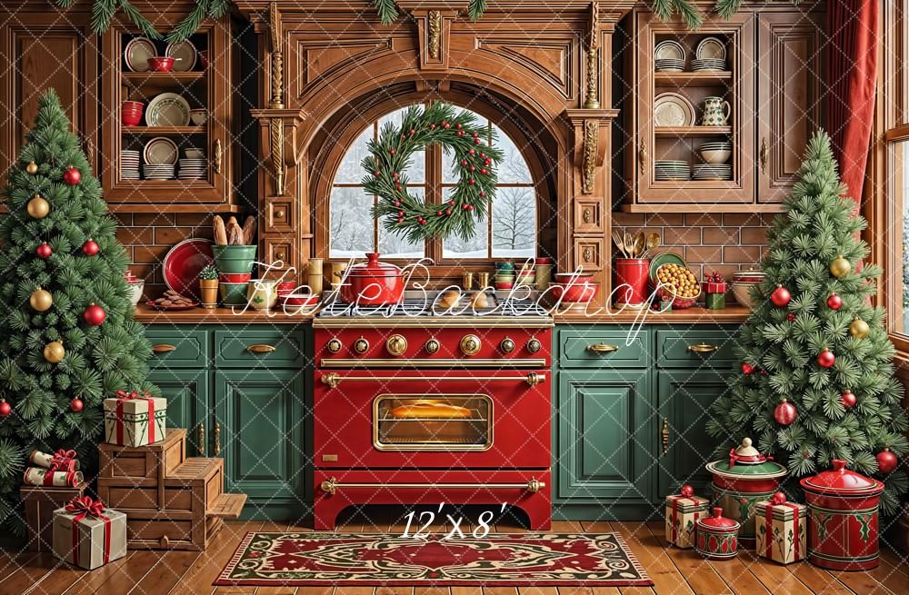 Kate Christmas Kitchen Wreath Decorated Trees Backdrop Designed by Emetselch -UK