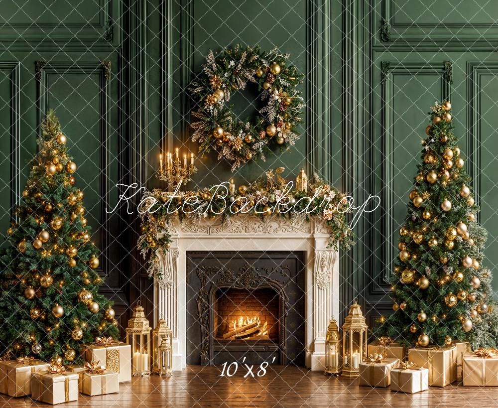 Kate Christmas Fireplace Wreath Trees Fleece Backdrop Designed by Emetselch