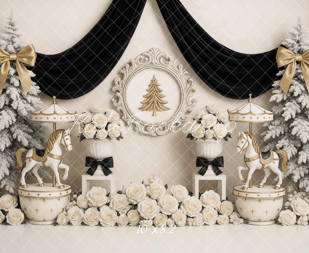 Kate Christmas Carousel Trees White Roses Backdrop Designed by Ashley Paul -UK