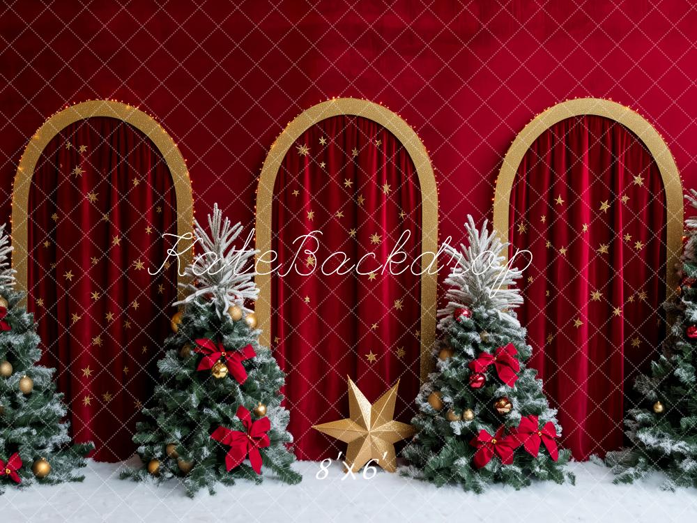 Kate Christmas Holiday Red Curtains Trees Backdrop Designed by Patty Robert