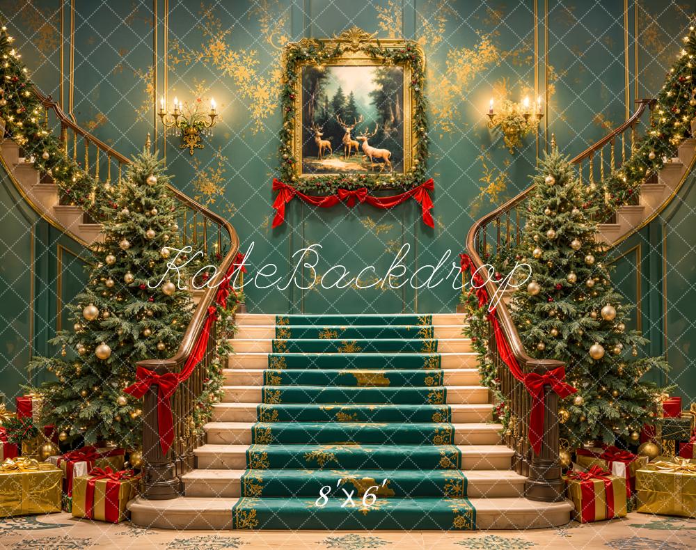Kate Christmas Cascading Stairs Trees Fleece Backdrop Designed by Emetselch -UK
