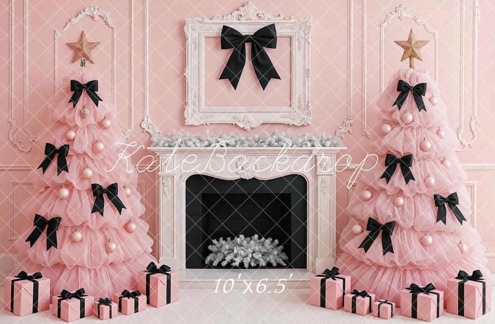 Kate Christmas Pink Trees Black Bows Fireplace Backdrop Designed by Ashley Paul