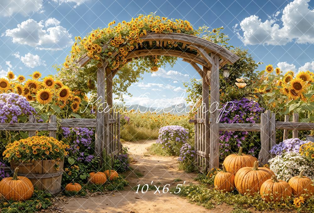 Kate Autumn Sunflower Arch Pumpkins Garden Fleece Backdrop Designed by Emetselch -UK
