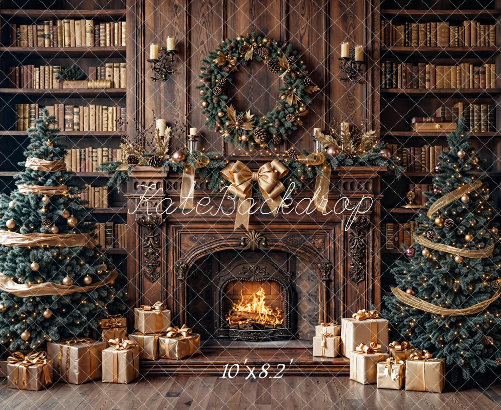 Kate Christmas Fireplace Bookshelves Trees Backdrop Designed by Emetselch