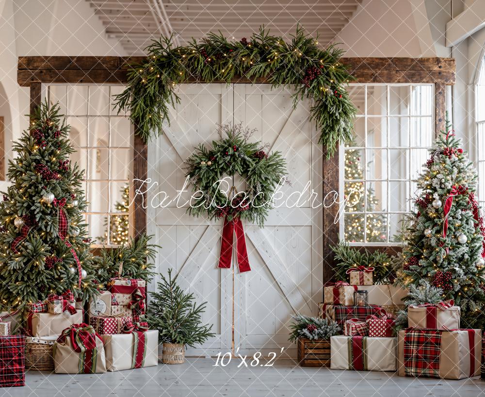 Kate Christmas Trees Garland Presents Rustic Door Backdrop Designed by Emetselch