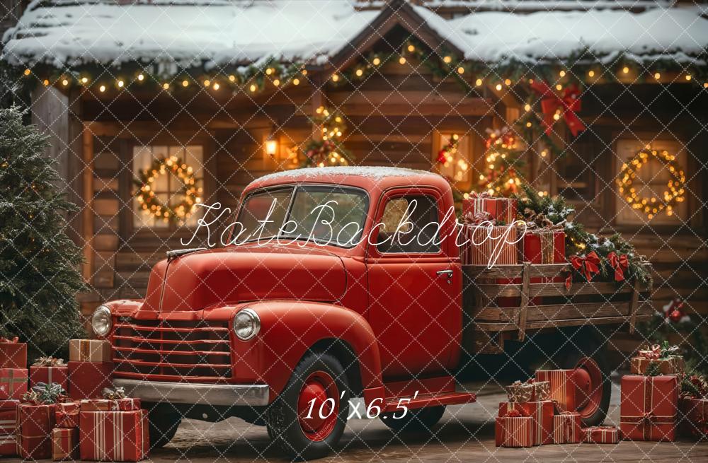 Kate Christmas Red Truck Gifts Cabin Backdrop Designed by Emetselch -UK