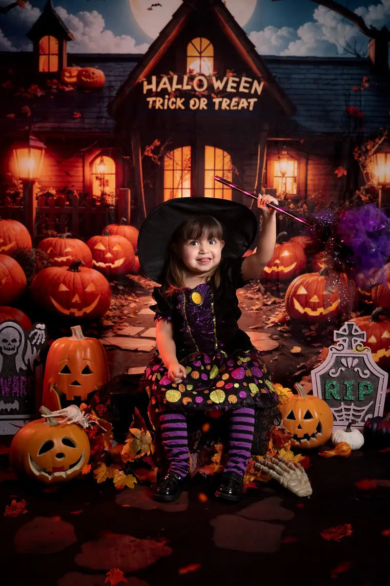 Kate Halloween Pumpkin Cottage Backdrop+Forest Fallen Leaves Path Floor Backdrop