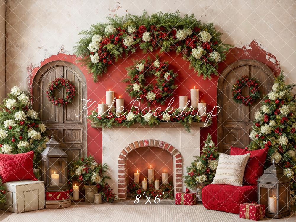Kate Christmas Fireplace Garland Candles Fleece Backdrop Designed by Emetselch -UK