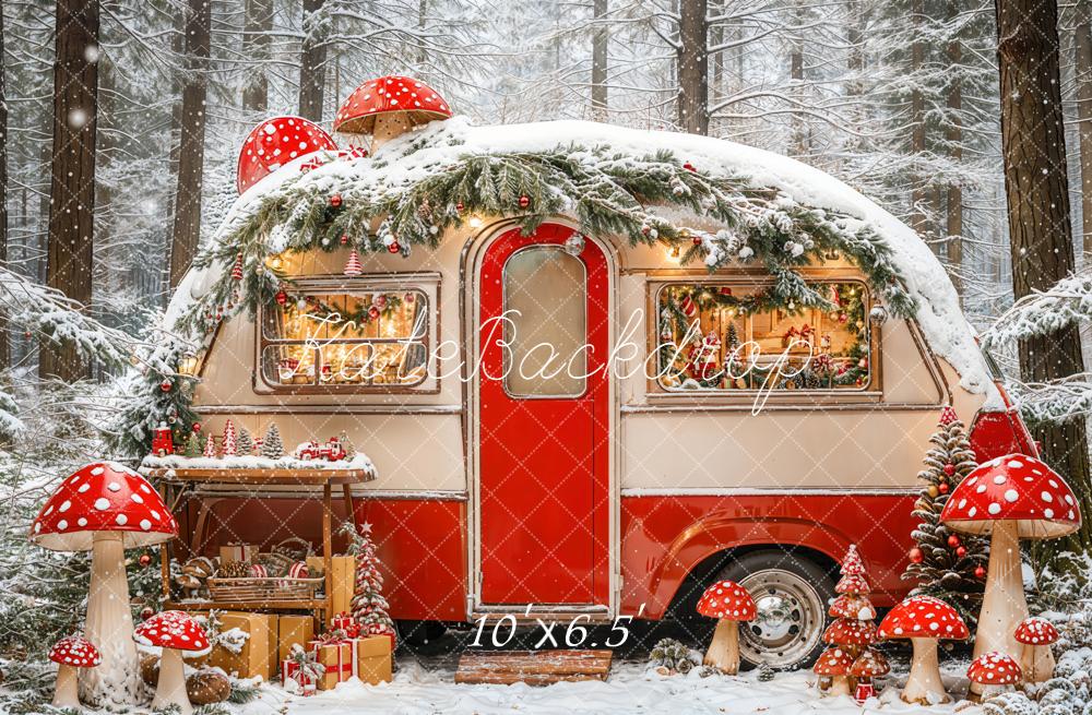 Kate Christmas Caravan Snowy Forest Mushrooms Backdrop Designed by Emetselch -UK
