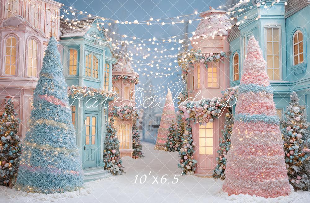 Kate Christmas Pastel Village Trees Backdrop Designed by Ashley Paul