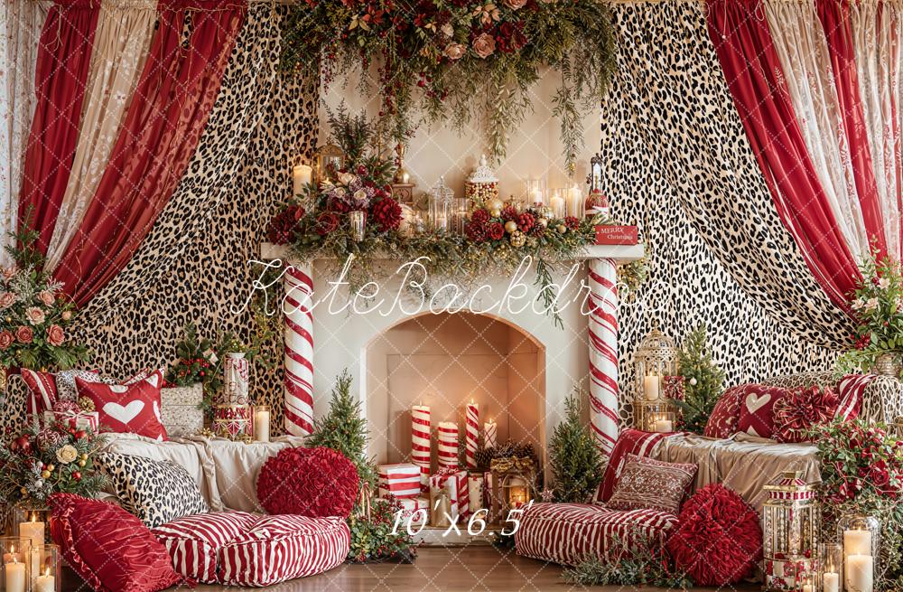Kate Christmas Fireplace Red Leopard Curtains Backdrop Designed by Emetselch