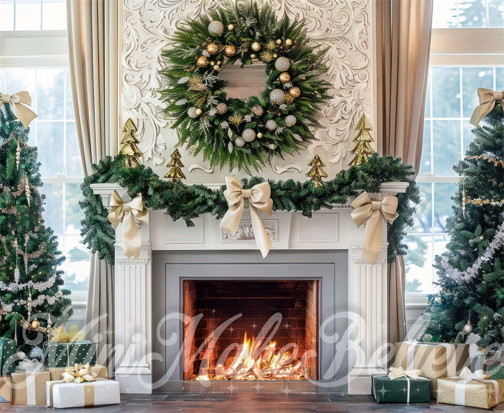 Kate Christmas White Bow Wreath Fireplace Backdrop Designed by Mini MakeBelieve -UK