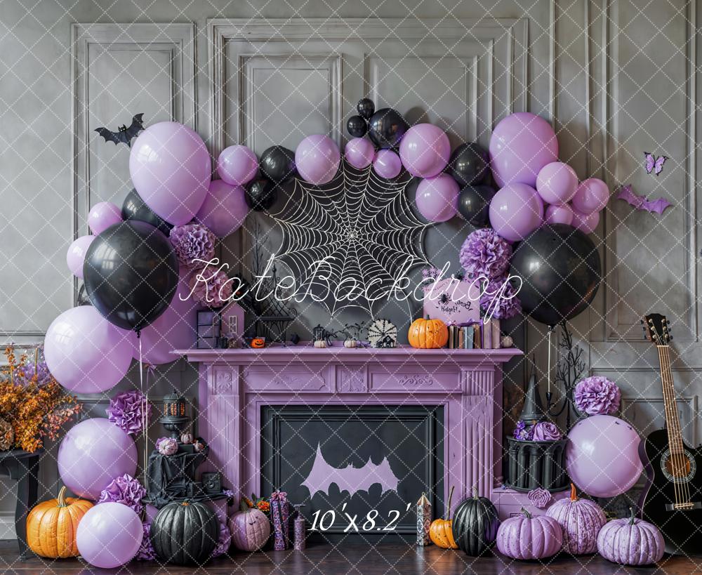 Kate Halloween Purple Balloons Spiderweb Fireplace Backdrop Designed by Emetselch -UK