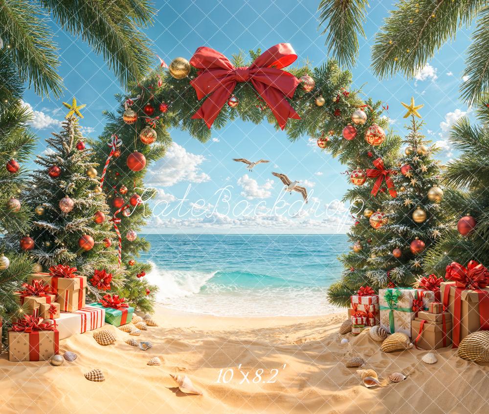 Kate Christmas Beach Trees Presents Fleece Backdrop Designed by Emetselch