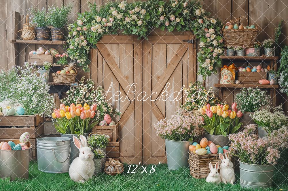 Kate Easter Bunny Eggs Rustic Barn Fleece Backdrop Designed by Emetselch -UK
