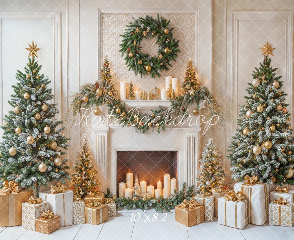 Kate Christmas Fireplace Wreath Trees Backdrop Designed by Emetselch