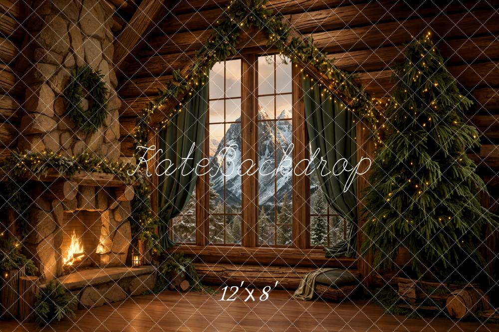 Kate Christmas Cabin Fireplace Mountain View Fleece Backdrop Designed by Emetselch -UK