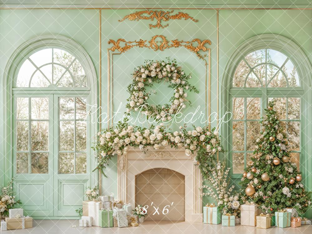 Kate Christmas Mint Green Fireplace Tree Backdrop Designed by Emetselch -UK