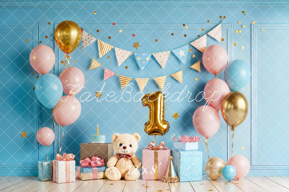 Kate 1st Birthday Blue Balloons Gift Backdrop Designed by Chain Photography