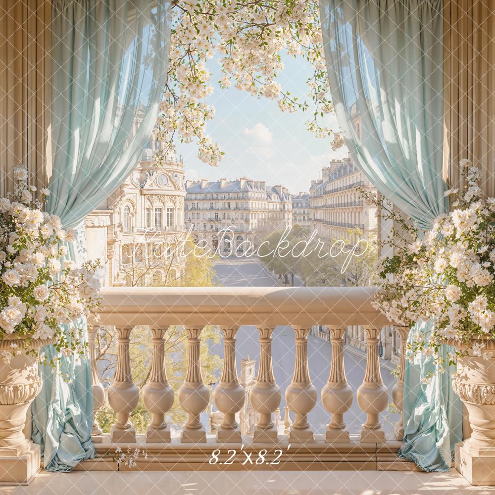 Kate Spring Balcony Cityscape Blue Curtains Backdrop Designed by Emetselch