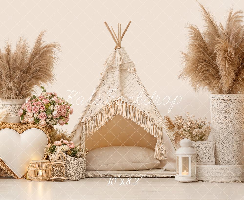Kate Boho Tent Pampas Grass Fleece Backdrop Designed by Emetselch -UK