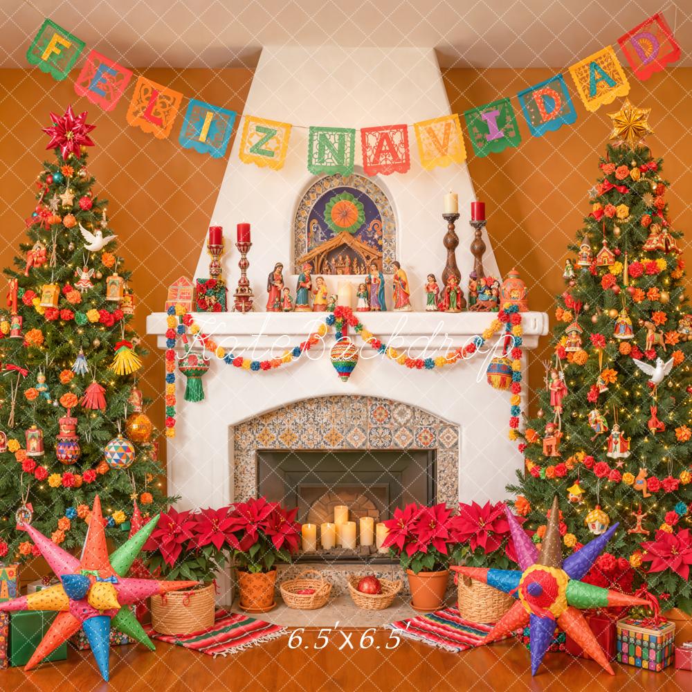 Kate Christmas Fireplace Festive Trees Piñatas Backdrop Designed by Emetselch -UK