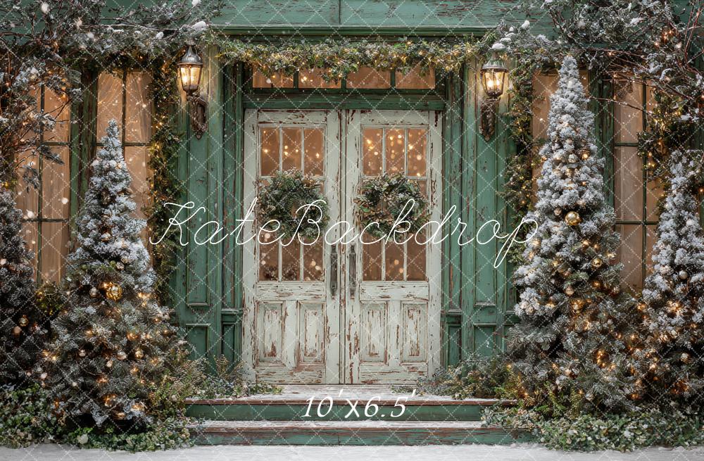 Kate Christmas Snow Frosted Trees Door Green Backdrop Designed by Ashley Paul