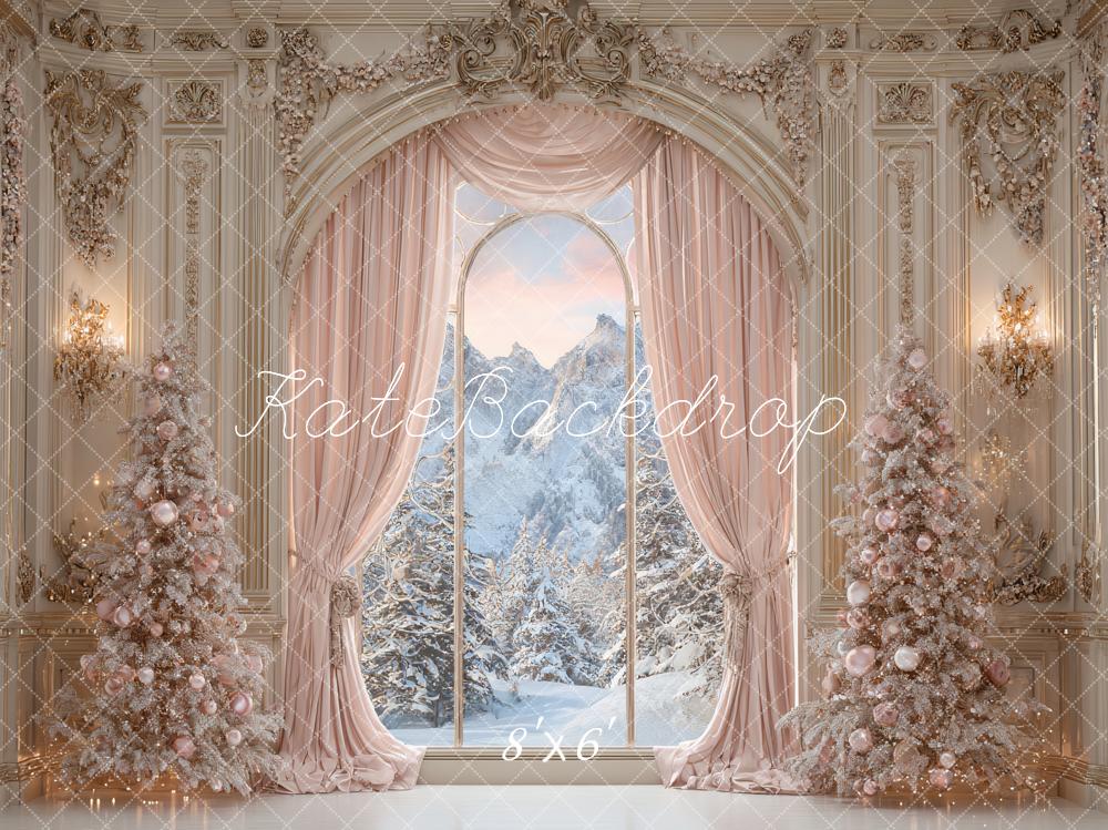 Kate Christmas Pink Trees Ornate Curtains Backdrop Designed by Ashley Paul