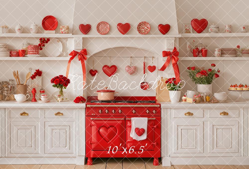 Kate Valentine Red Stove Hearts Kitchen Fleece Backdrop Designed by Emetselch