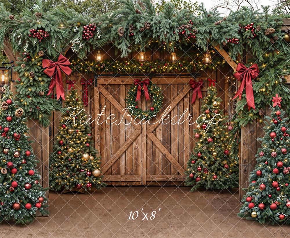 Kate Christmas Barn Door Garland Red Bows Fleece Backdrop Designed by Emetselch -UK