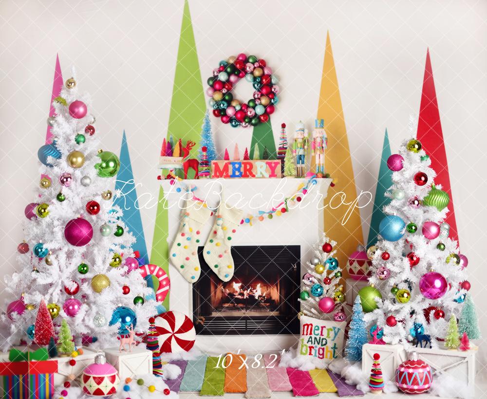 Kate Christmas Fireplace Bright Decorations Backdrop Designed by Mandy Ringe Photography -UK