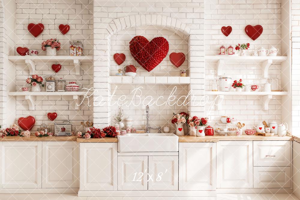 Kate Valentines Kitchen Hearts Shelves White Brick Fleece Backdrop Designed by Emetselch -UK