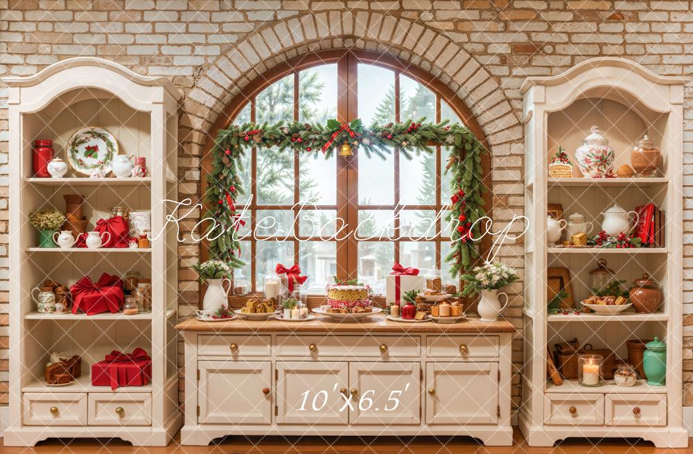 Kate Christmas Cream Vintage Brick Kitchen Backdrop Designed by Emetselch -UK