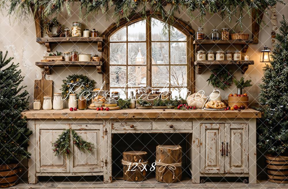 Kate Christmas Kitchen Rustic Window Garland Backdrop Designed by Emetselch -UK