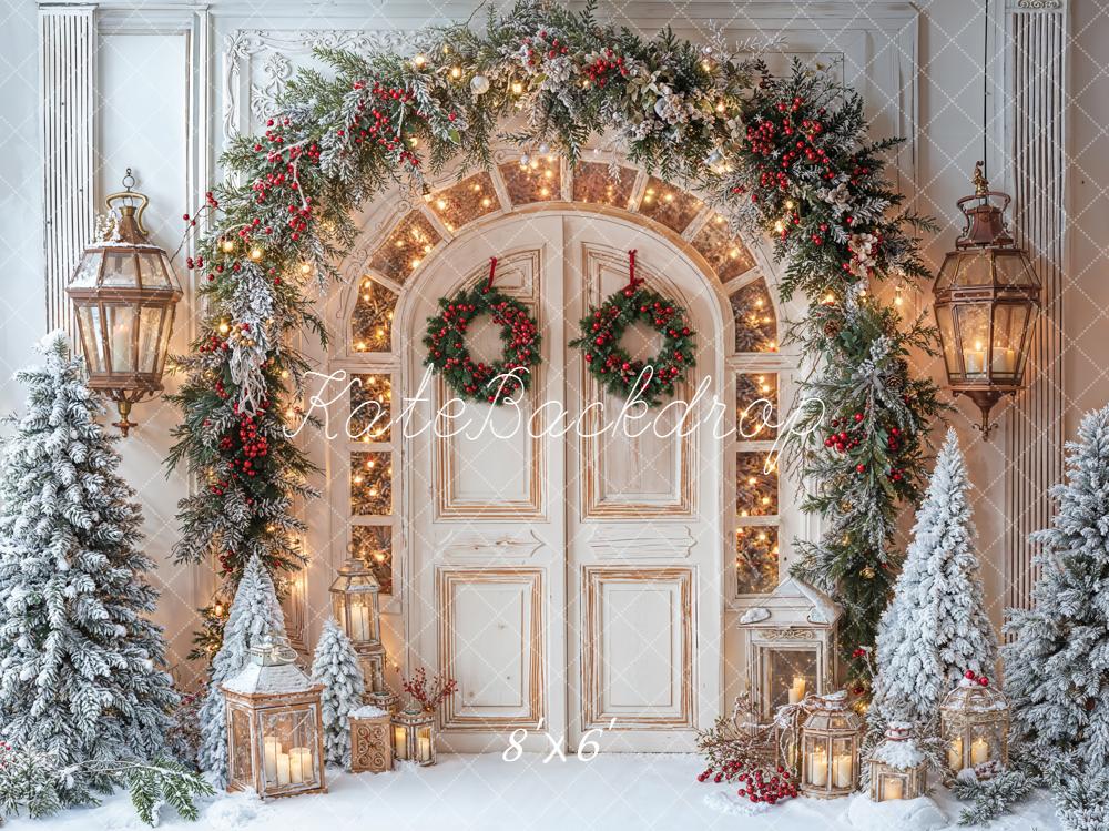 Kate Christmas Snowy Door Garland Lanterns Backdrop Designed by Emetselch