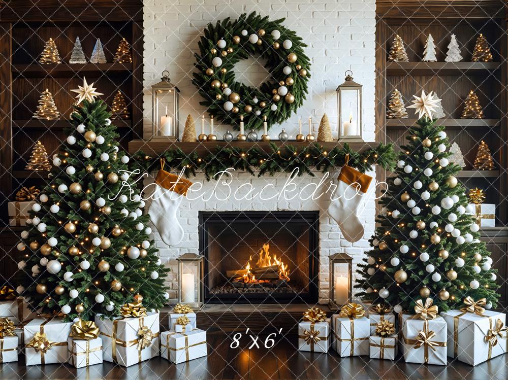 Kate Christmas Tree White Fireplace Gift Boxes Backdrop Designed by Mini MakeBelieve
