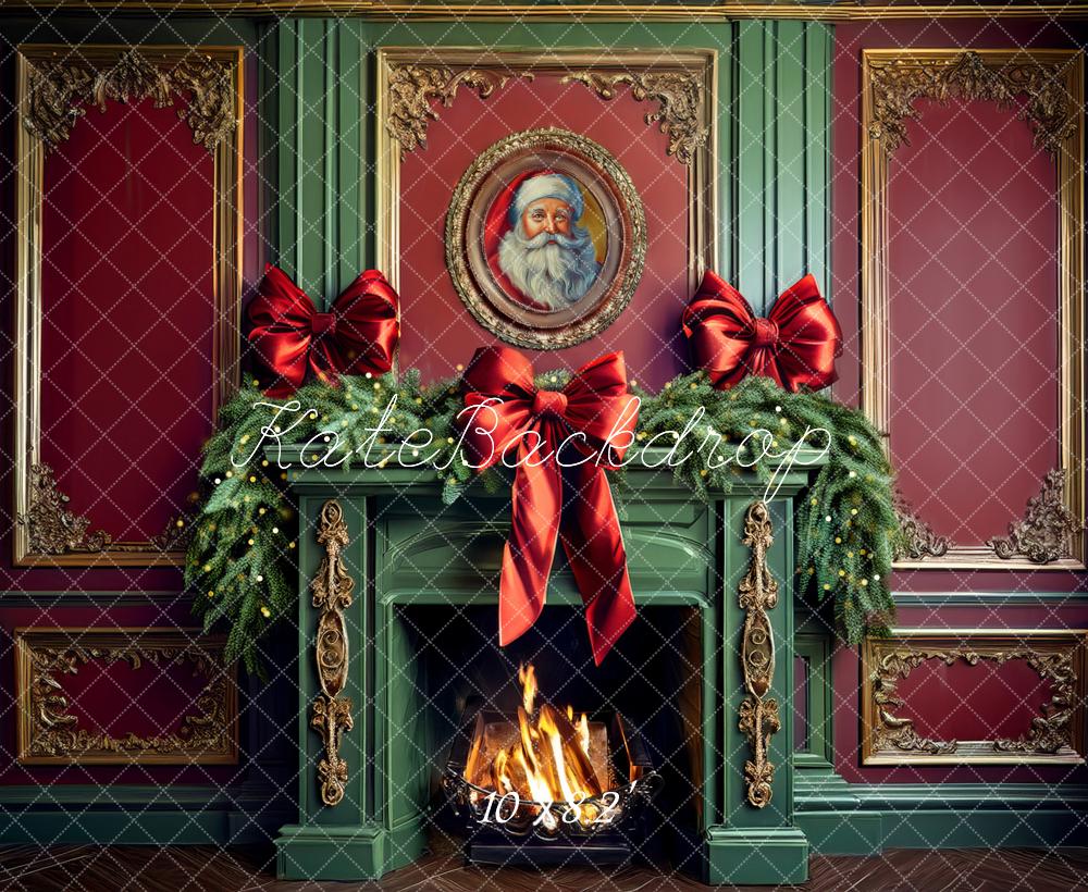Kate Christmas Green Fireplace Bow Backdrop Designed by Mandy Ringe Photography -UK