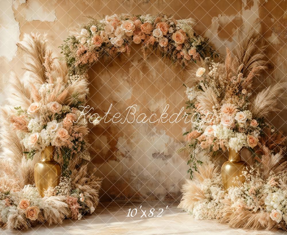 Kate Floral Arch Pampas Grass Beige Fleece Backdrop Designed by Emetselch -UK