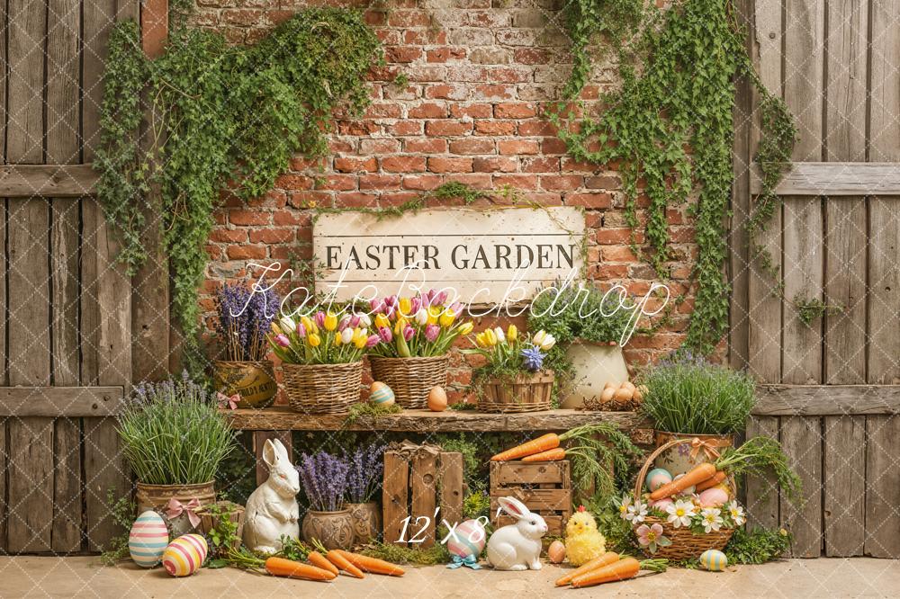 Kate Easter Garden Brick Wall Carrots Bunnies Backdrop Designed by Emetselch -UK