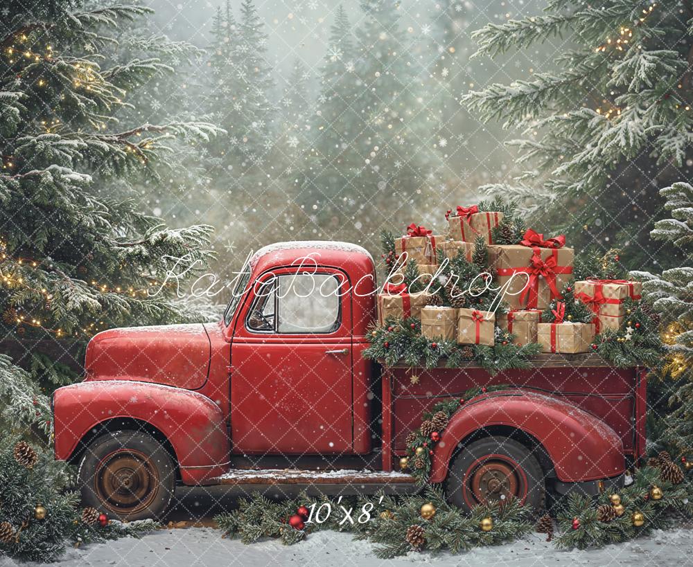 Kate Christmas Truck Snowy Pine Trees Fleece Backdrop Designed by Emetselch -UK