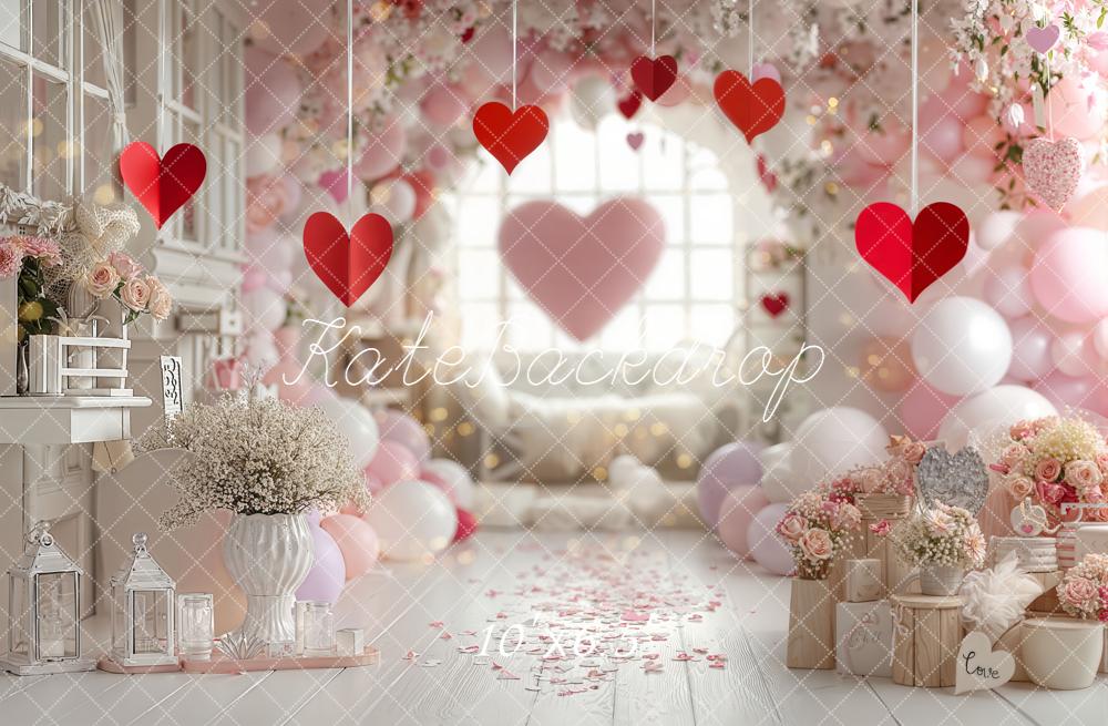 Kate Valentine Hearts Balloons Floral Pink Backdrop Designed by Emetselch