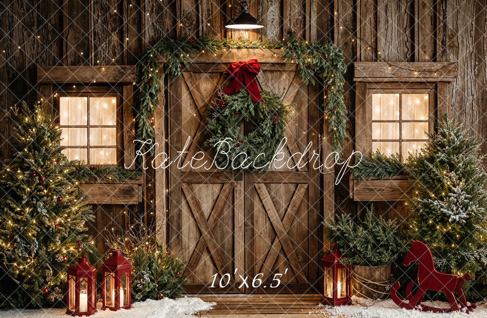 Kate Christmas Rustic Wooden Door Garland Fleece Backdrop Designed by Emetselch -UK