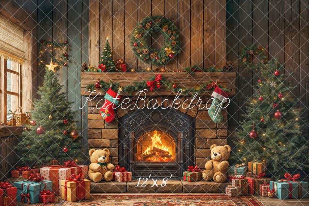 Kate Christmas Fireplace Teddy Bears Trees Backdrop Designed by Emetselch -UK