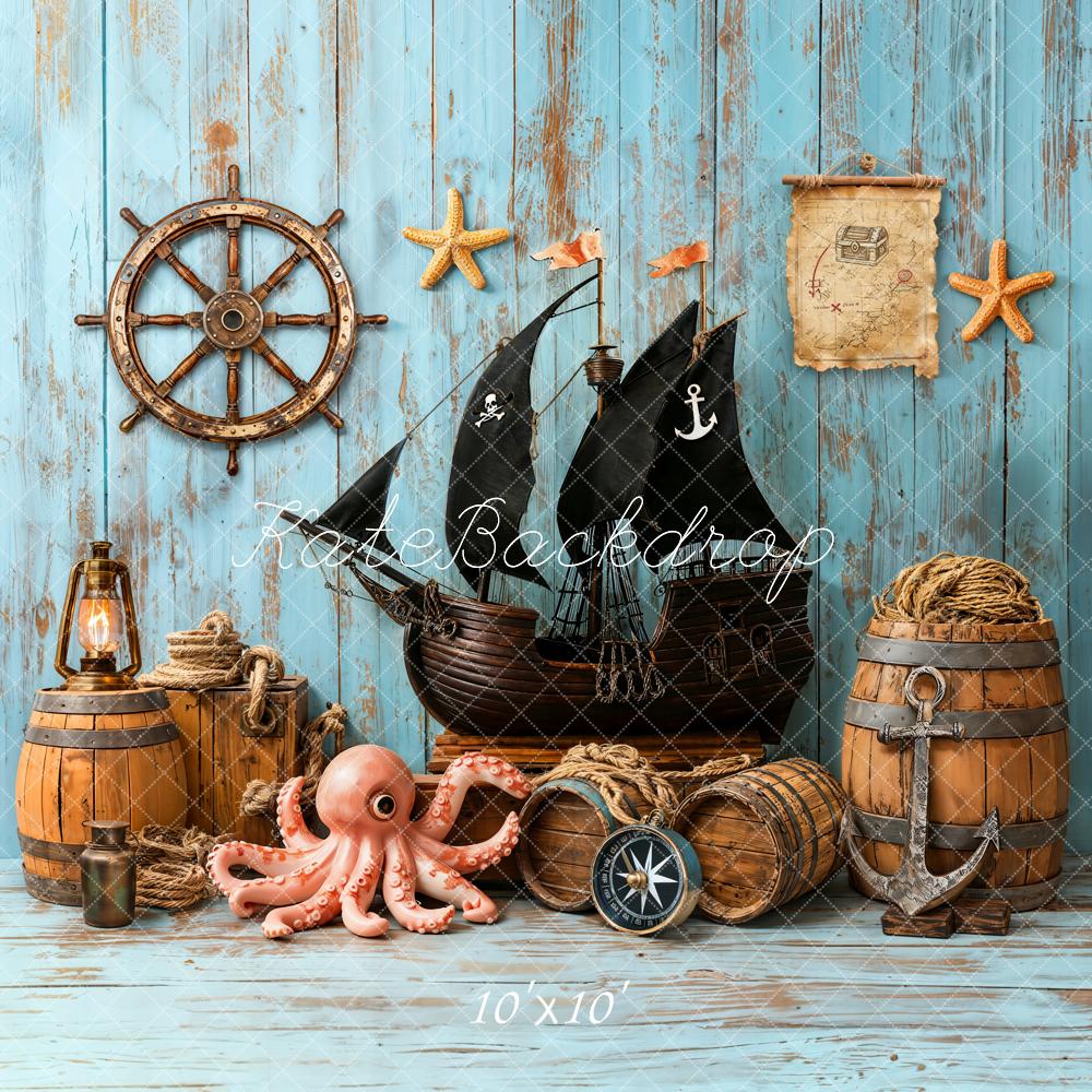 Kate Pirate Ship Helm Treasure Map Nautical Blue Backdrop Designed by Emetselch